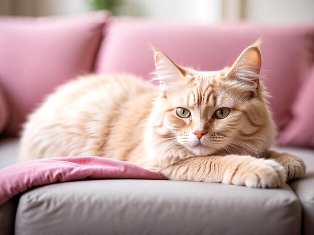 Photo A beautiful cute cat lies on the sofa and in a relaxed closeup pose AI GENERATED