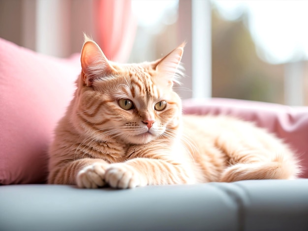 Photo A beautiful cute cat lies on the sofa and in a relaxed closeup pose AI GENERATED