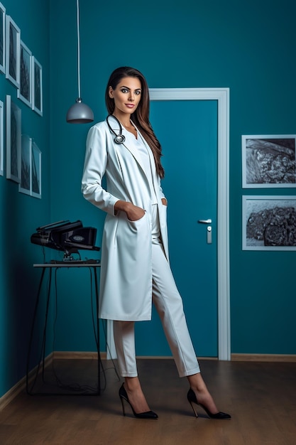 photo of a beautiful female doctor standing wearing a white coat