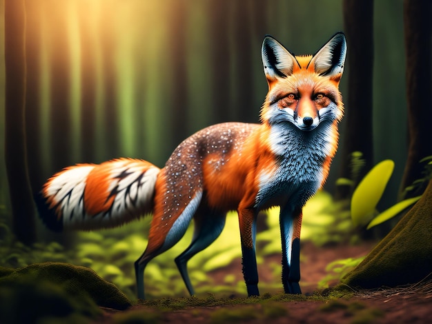 Photo a beautiful fox animal standing in a green forest captured with a DSLR camera