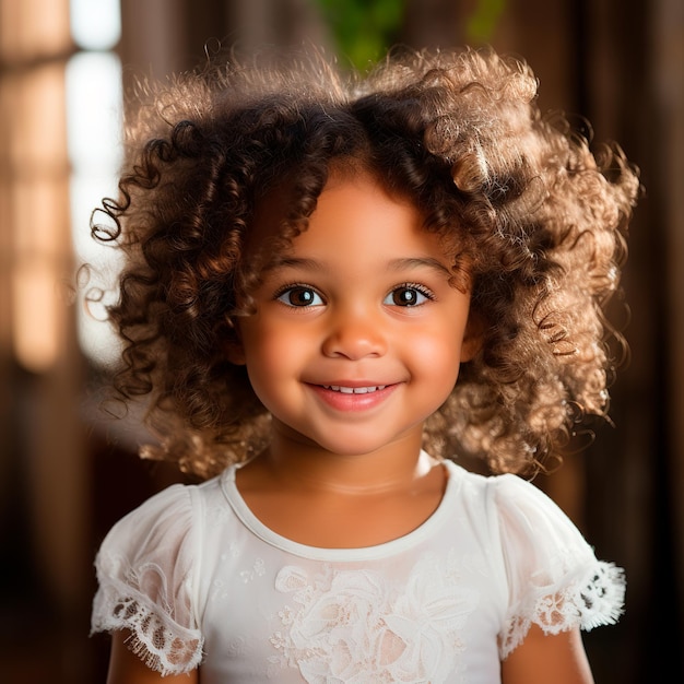 Photo of a beautiful girl smiling hair full of curls