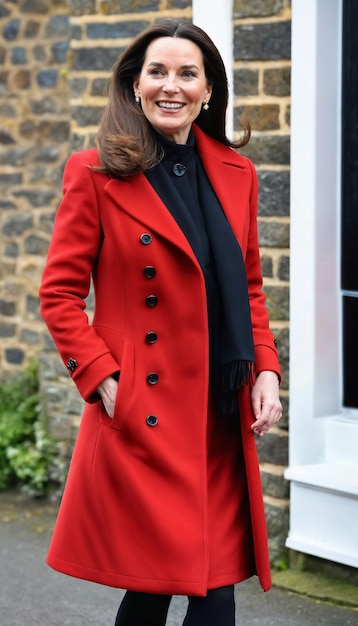 Photo photo of beautiful happy lady europe woman with red coat and scarf standing at garden generative ai