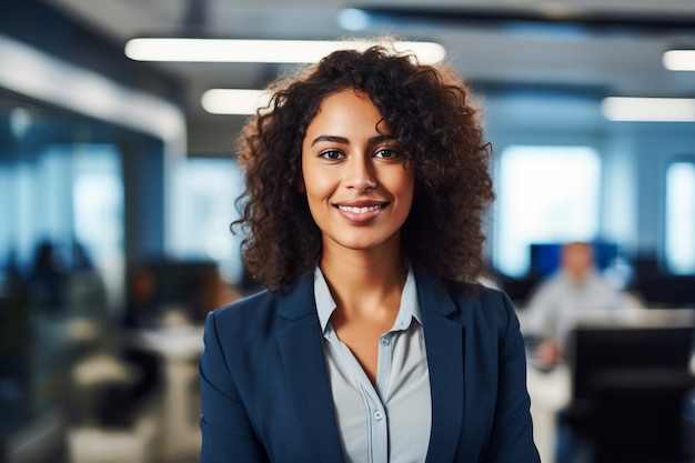 Photo of beautiful happy woman looking at camera while sitting at office