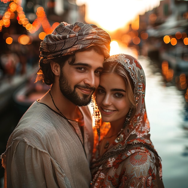 A photo of an beautiful islamic couple Romantic muslim couple a husband and wife