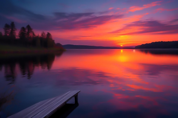 photo beautiful long shot of a canoe on a lake near stone hills during sunset Generated by AI