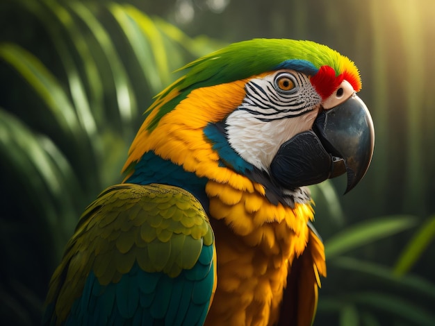 Photo a beautiful Macaw parrot having green and yellow feathers sitting in the jungle