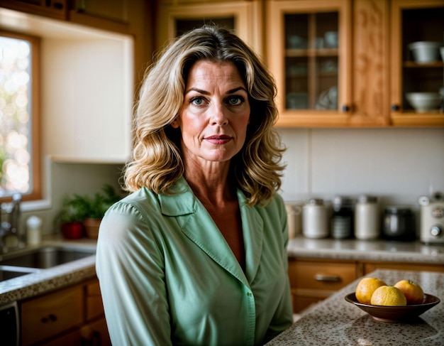 photo of beautiful middle aged american woman as a housewife at kitchen room in home generative AI