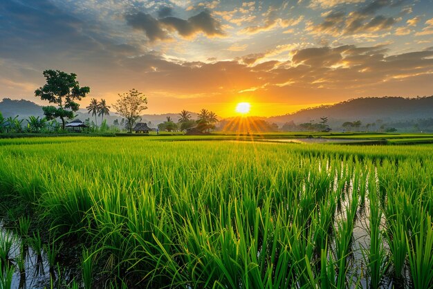 Photo beautiful morning view indonesia panorama landscape paddy fields with beauty color and sky natural light