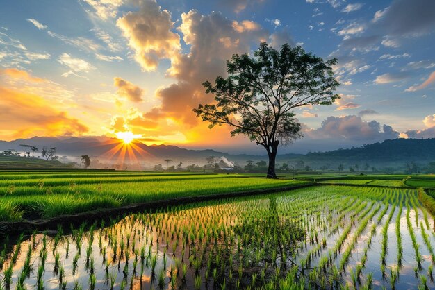 Photo beautiful morning view indonesia panorama landscape paddy fields with beauty color and sky natural light