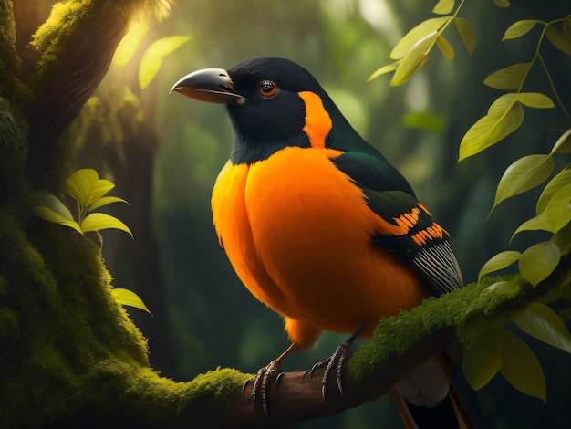 Photo a beautiful orange Oriole bird sitting in a jungle on the branch of the tree