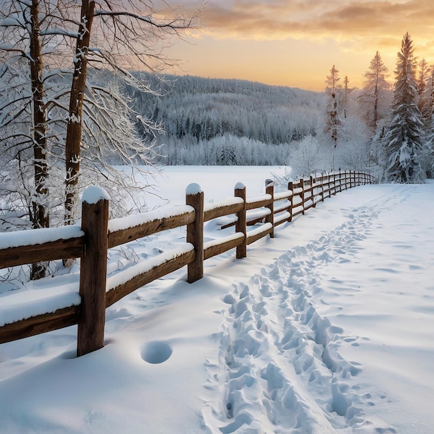 Photo photo beautiful scenery of a winter landscape with a wooden fence and thick trees