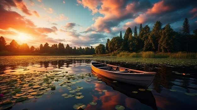 photo beautiful shot of a small lake with a wooden rowboat in focus and amazing clouds in the sky