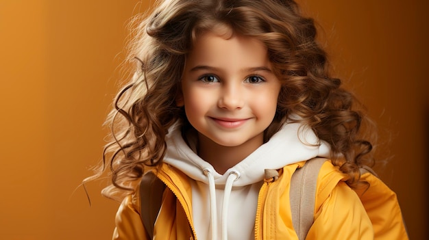 photo of beautiful student returning to class with yellow background