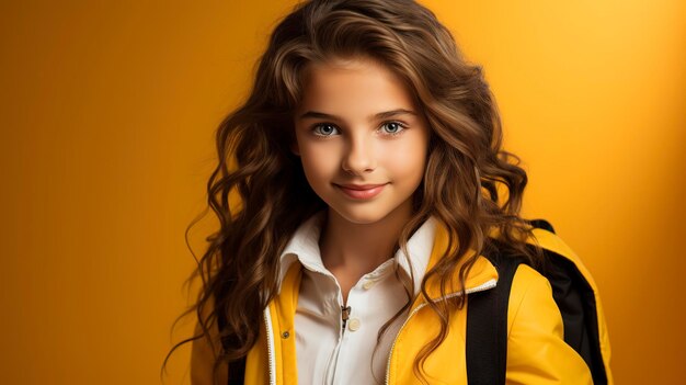 photo of beautiful student returning to class with yellow background