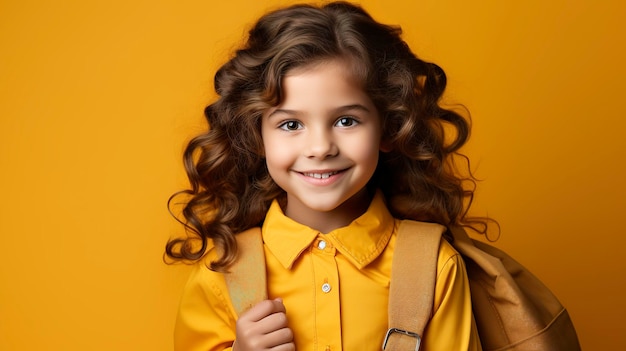 photo of beautiful student returning to class with yellow background