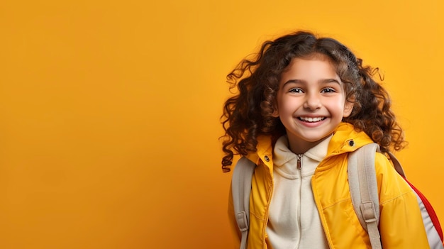 photo of beautiful student returning to class with yellow background