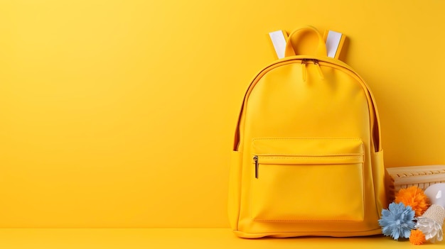 photo of beautiful student returning to class with yellow background