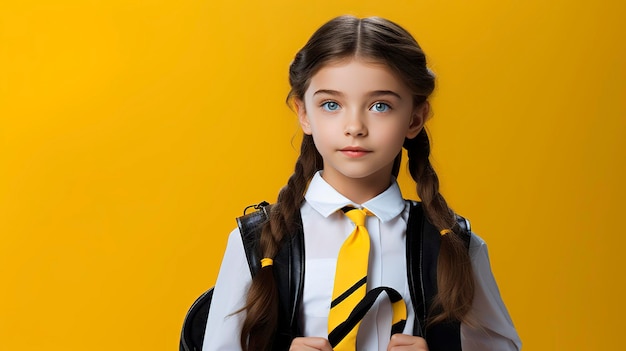 photo of beautiful student returning to class with yellow background