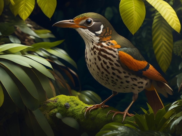 Photo a beautiful thrush bird sitting in a green jungle with feathers