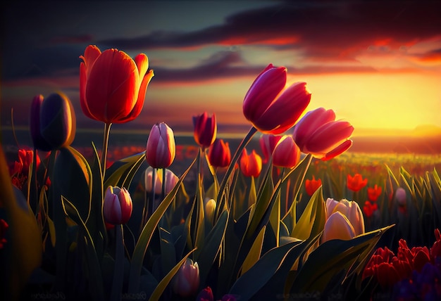 Photo beautiful tulip flowers in grass field with sunset background Generate Ai