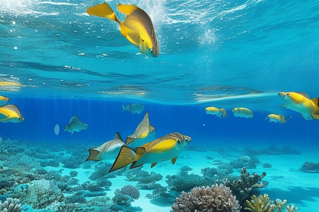 Photo beautiful underwater panoramic view with tropical fish and coral reefs