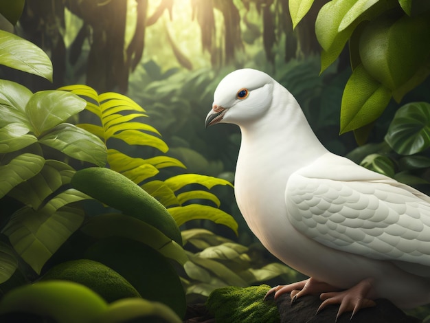 Photo a beautiful white pigeon sitting in a green dark jungle with white beautiful feathers