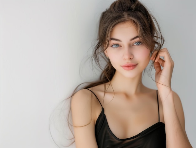 photo of a beautiful woman in a delicate black bodysuit with a light background