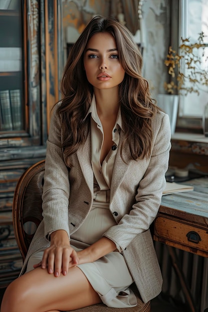 Photo photo of beautiful woman secretary in a jacket skirt and a blouse is sitting on the table