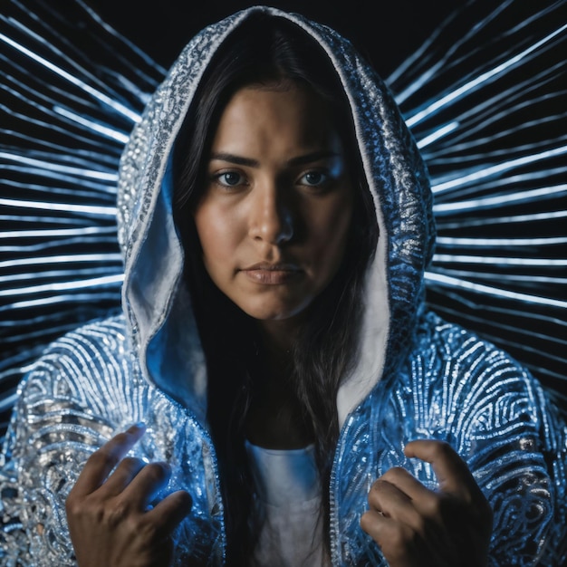 photo of beautiful woman with blue light on black background generative AI