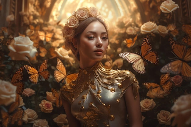 Photo a beautiful woman with butterflies decoration generative ai