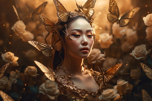 Photo a beautiful woman with butterflies decoration generative ai