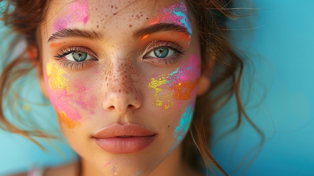 Photo of beautiful woman with her face painted in pastel colors