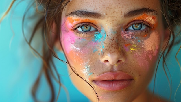 Photo of beautiful woman with her face painted in pastel colors