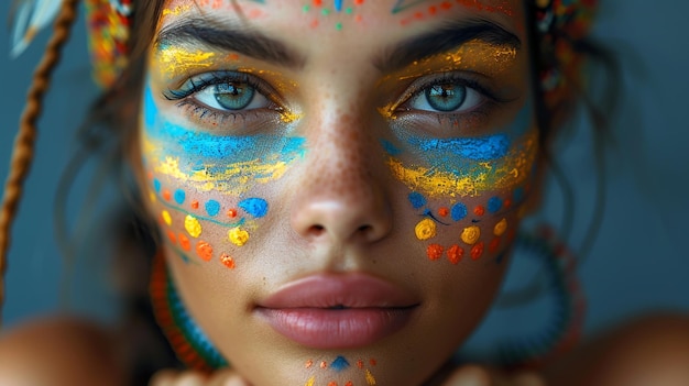 Photo of beautiful woman with her face painted in pastel colors