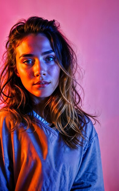 photo of beautiful woman with red and pink lighting and backdrop generative AI