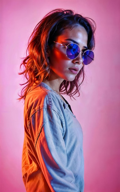 photo of beautiful woman with red and pink lighting and backdrop generative AI