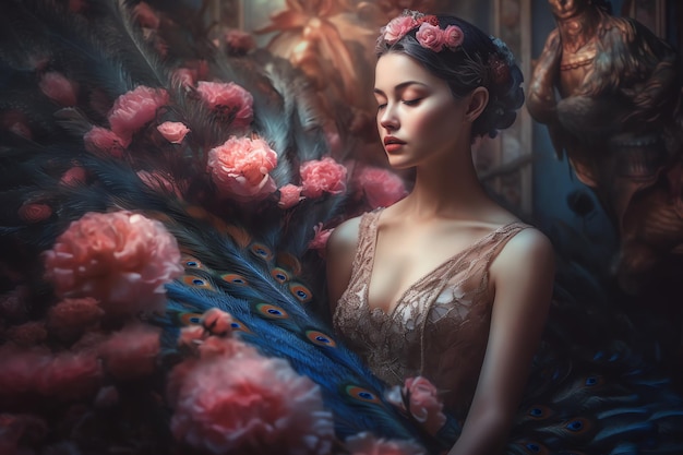 Photo a beautiful woman with rose decoration generative ai