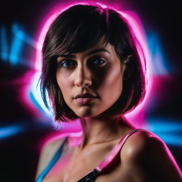 photo of beautiful woman with short hair and mixed pink neon light generative AI