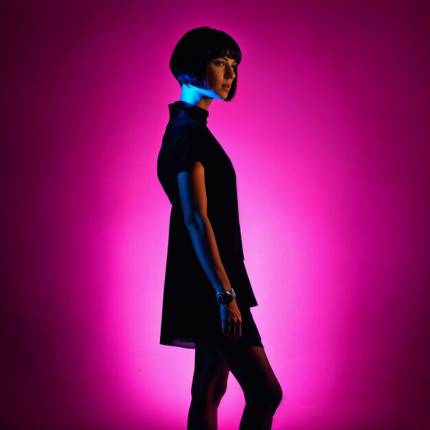 photo of beautiful woman with short hair and mixed pink neon light generative AI