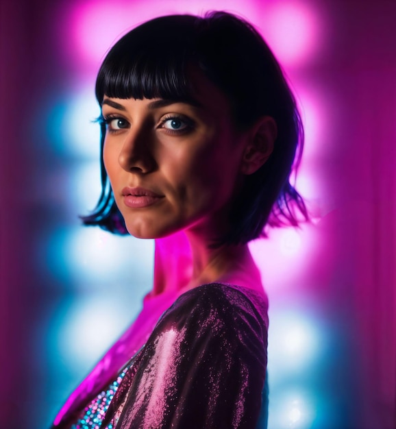 photo of beautiful woman with short hair and mixed pink neon light generative AI