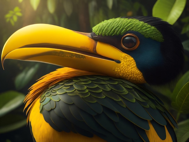 Photo a beautiful Yellow Toucan bird with beautiful feathers sitting in a green dark jungle