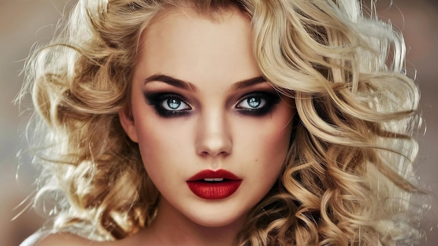 Photo of a beautiful young blond woman with curly hair