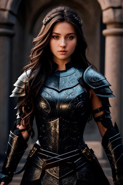 photo of a beautiful young full body warrior wearing beautiful black armor ultra realistic image