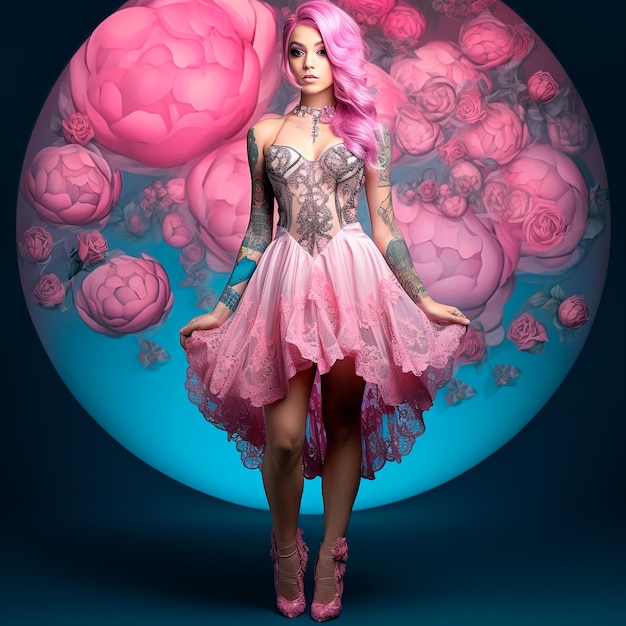 photo of a beautiful young woman with pink blue hair all tattooed with pink dress