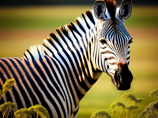 Photo a beautiful zebra animal in a green field with a jungle background captured with a DSLR camera