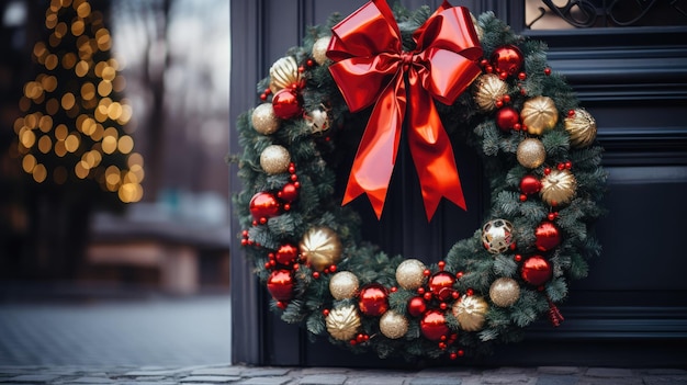 A photo of a beautifully decorated Christmas wreath with vibrant red bows and golden accents