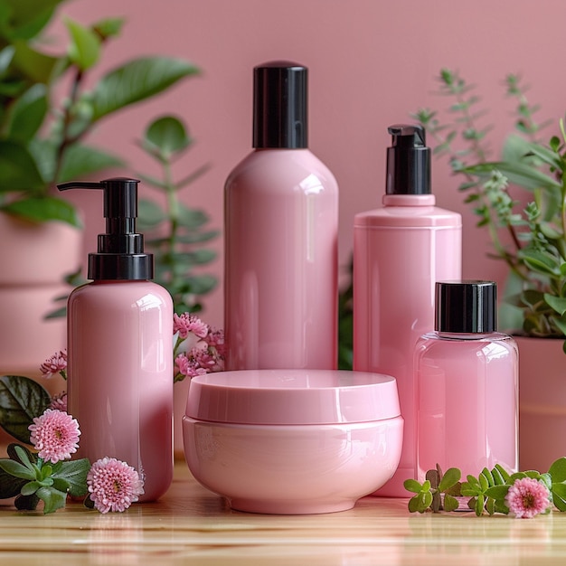 Photo of Beauty products with pink flowers on a soft pink background Cosmetic and skincare products