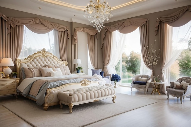 Photo a bedroom with a bed and bedhead a window with curtains with ceiling and acluxury bedroom