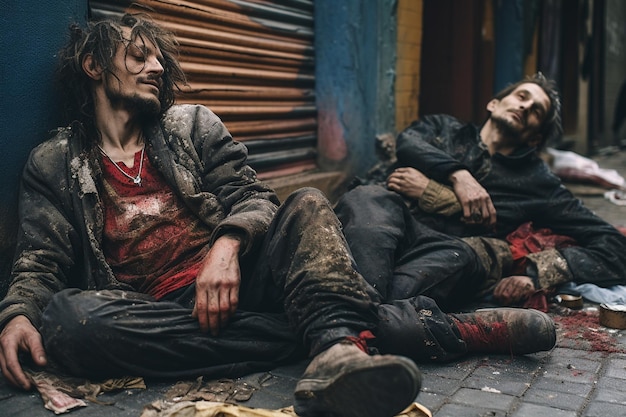 photo beggars lying on the side of the street with dirty clothes