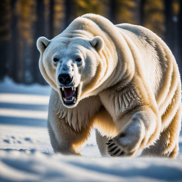 photo of big angry polar bear running in the snow generative AI